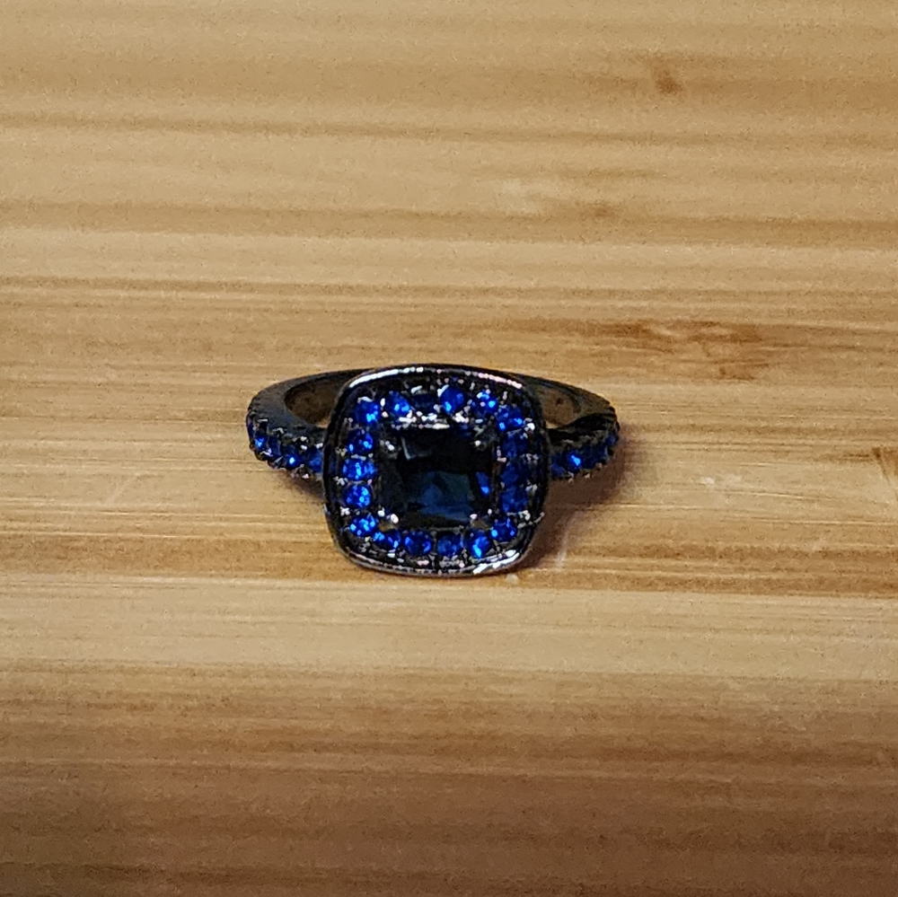 New Princess Blue Square Zircon Black Gold Plated Ring Size 8